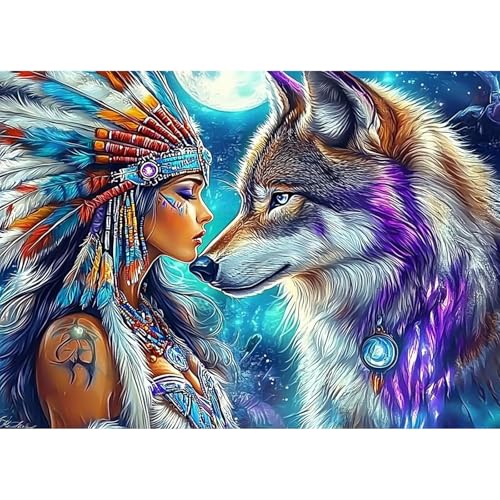 CEOVR Diamond Painting Bilder Kit Erwachsene Wolf und Frau,30x40 cm Diamant Paintings Kit,5D DIY Diamond-painting Indischer Stil von CEOVR