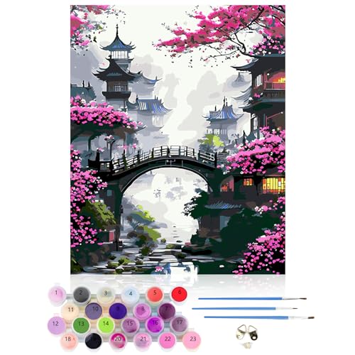 CEOVR Landschaft Malen Nach Zahlen Erwachsene Kit für Erwachsene Anfänger,Paint by Numbers Adult Set,Ohne Rahmen 40x50 cm,Brücke Fließendes Wasser von CEOVR