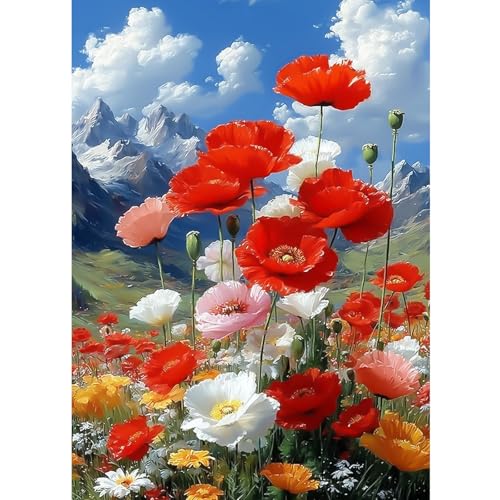 CEOVR Mohn Diamond Painting Bilder Kit Erwachsene,5D Diamond-painting 30x40cm,Diamant Art Set,Blauer Himmel mit Weißen Wolken und Blumen von CEOVR