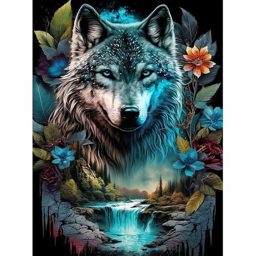 CEOVR Wolf DIY 5D Diamant Painting Bilder Erwachsene,Diamond Painting Set,Blumen UND Wald Full Strasssteine Stickerei Kreuzstich Set,für Home,Décor,Wand(30 x 40 cm) von CEOVR