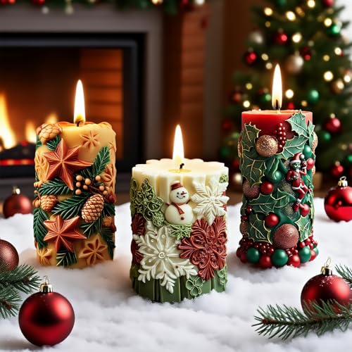 3 Stück Weihnachts-Schneemann-Schneeflocken-Kerzenform, Tannenzweige Beeren, Weihnachten, Silikon-Kerzenform für Kerzenherstellung, Epoxidharz-Gussform für handgefertigt, perfekt für DIY festliche 3 Stück Weihnachts-Schneemann-Schneeflocken-Kerzenform, Tannenzweige Beeren, Weihnachten, Silikon-Kerzenform für Kerzenherstellung, Epoxidharz-Gussform für handgefertigt, perfekt für DIY festliche von CERECO