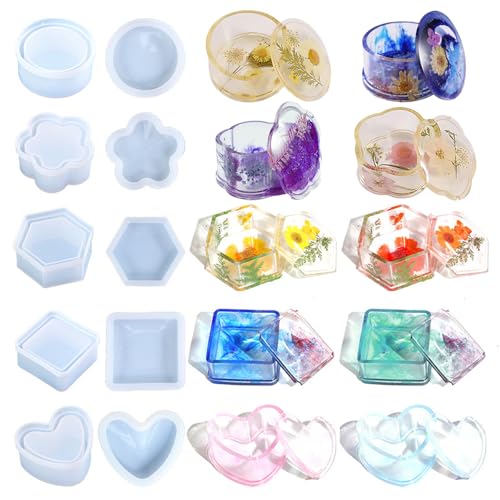 5-teiliges Glasformen-Set aus Kunstharz mit Deckel, Epoxidharz-Gussform inklusive Herzblume, verwendet für DIY-Schmuck, Schmuck, Süßigkeiten, Untersetzer, Aschenbecher, Kerzengefäß von CERECO