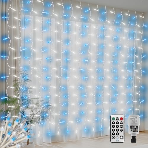 CERIAL 4X2M 300LEDs Außen Lichtvorhang mit Stecker,Mini Lichterkette Inner Lichterkette Vorhang Weihnachten Eisregen Lichterkette für Urlaub Hochzeit Dekorationen, Blue+ Weiß von CERIAL