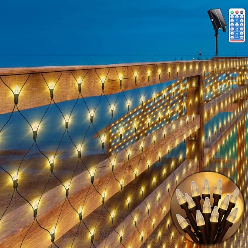 CERIAL Solar Lichternetz 3X2M 200LED Außen Lichterkette Netz Solar Garten Mesh Lichterkette mit Fernbedienung & Timer 8 Modi für Outdoor Fenster Hochzeit Wohnzimmer(Warmweiß) von CERIAL