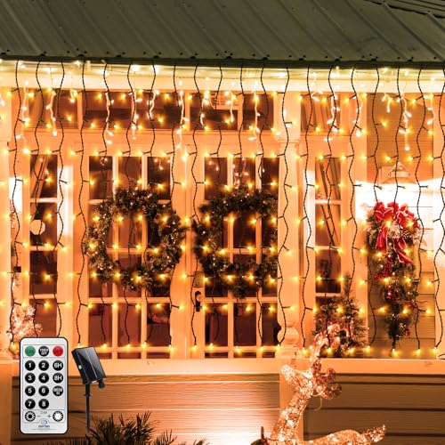 4x1M Lichtervorhang Innen Außen Weihnachts Lichterkette Vorhang Solar Lichterkette für Außen,Fenster Eiszapfen Lichterkette für Hochzeit, Christmas, Garten, Außenlichterkette von CERIAL