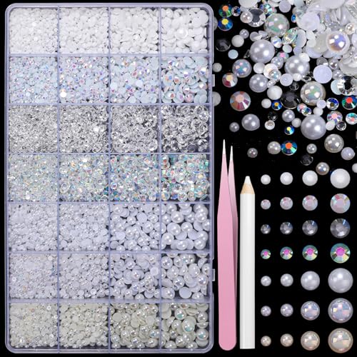 22000 Stück weiße Perlen und Strasssteine mit flacher Rückseite zum Basteln, Harz-Strasssteine, Edelsteine, Perlen zum Bedazzling, gemischte Größe, 3–6 mm, halbe Perlen für Nägel, Gesicht, Augen 22000 Stück weiße Perlen und Strasssteine mit flacher Rückseite zum Basteln, Harz-Strasssteine, Edelsteine, Perlen zum Bedazzling, gemischte Größe, 3–6 mm, halbe Perlen für Nägel, Gesicht, Augen von CESUSME