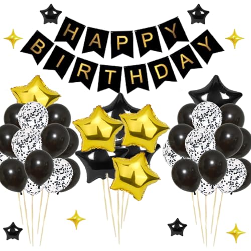 Geburtstagsdekorationen, Happy Birthday Banner mit schwarzen und goldenen Sternenballons, schwarze Luftballons, Happy Birthday Party Dekorationen für Frauen Männer Jungen Mädchen (Schwarz & Gold) Geburtstagsdekorationen, Happy Birthday Banner mit schwarzen und goldenen Sternenballons, schwarze Luftballons, Happy Birthday Party Dekorationen für Frauen Männer Jungen Mädchen (Schwarz & Gold) von CEUQIESO