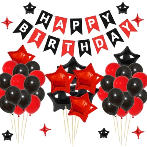 Rot Schwarz Happy Birthday Dekorationen with Banner Rot Schwarz Stern Ballons, Latex Ballons, Happy Birthday Party Dekorationen für Frauen Männer Jungen Mädchen von CEUQIESO