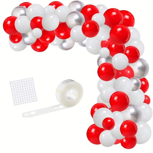 Rote und weiße Ballonbogen Kit, 117 Stück 12/10/5 Zoll Matte rote weiße Latex Ballons Silber Ballons für Hochzeit Weihnachten Neujahr Party Dekorationen von CEUQIESO