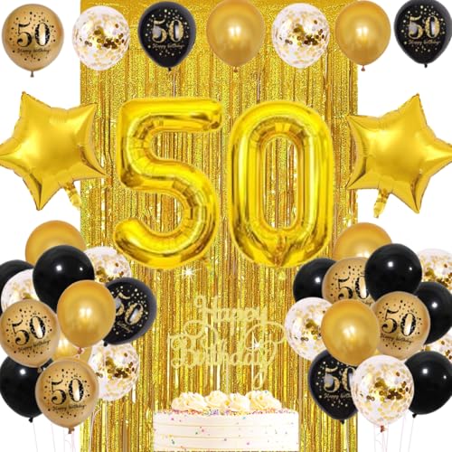Schwarz Gold 50. Geburtstag Dekorationen für Männer Frauen, alles Gute zum 50. Geburtstag Dekorationen mit Schwarz Gold Luftballons, Cake Topper, Star Ballons, Fransen Vorhang Schwarz Gold 50. Geburtstag Dekorationen für Männer Frauen, alles Gute zum 50. Geburtstag Dekorationen mit Schwarz Gold Luftballons, Cake Topper, Star Ballons, Fransen Vorhang von CEUQIESO