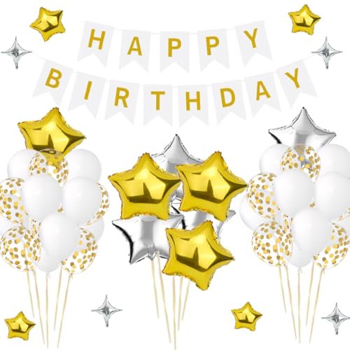 Weiß Gold Geburtstag Dekorationen, Happy Birthday Banner mit Silber und Gold Star Ballons, Latex Ballons, Happy Birthday Party Dekorationen für Frauen Männer Jungen Mädchen von CEUQIESO