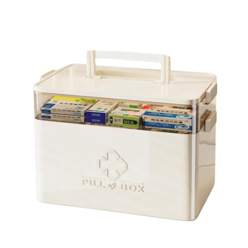 CEWIFO Große Medikamenten-Sortierbox mit Griff – Fächer-Organizer für zu Hause & unterwegs, sichere Arzneimittel-Aufbewahrung (Beige) von CEWIFO