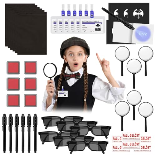 CEWROM Detektiv Set Kinder, 48stk Detektiv Geburtstag Mitgebsel, UV Stift Notizbuch Lupen Spielzeug Detektivausweis Ausweise mit Clip, Mitgebsel Kindergeburtstag Gastgeschenke Detektiv Rollenspiel von CEWROM