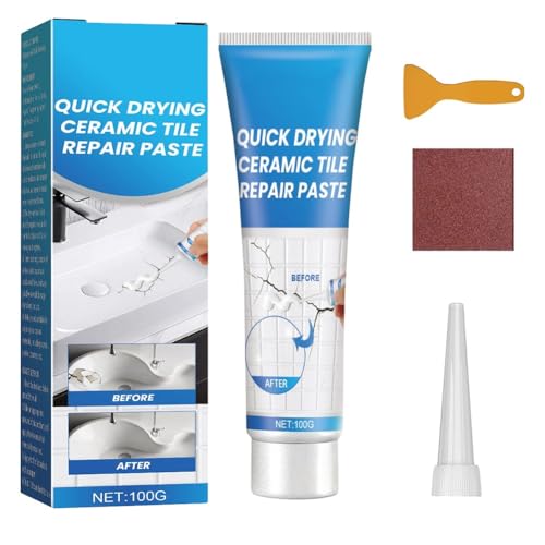 CEWROM Fliesenreparaturset Weiß, 100g Emaille Reparatur Set, Reparaturmittel für keramische Fliesen, Waschbecken Reparaturset Zum Reparieren Von Kratzern, Löchern, Rissen von CEWROM