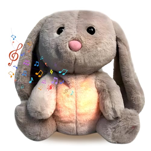 CEWROM Schlummer Hase Kuscheltier mit Schlappohren, Einzigartiges Einschlafhilfe Babys für Neugeborene mit Herzschlag, Atembewegung und Musik, Geschenke für Mädchen Jungen(Hellgrau) von CEWROM