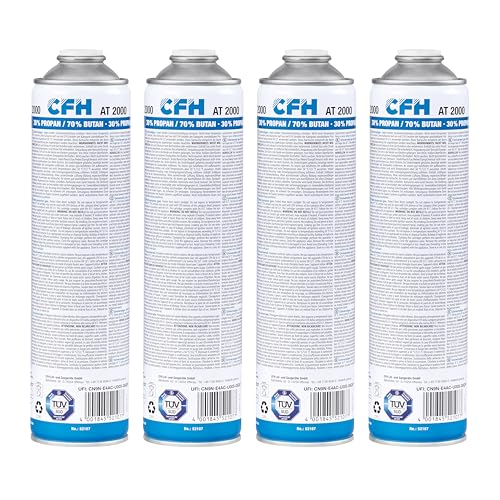 CFH Universaldruckgasdose AT 2000 4 Stück - Druck Gas Dose mit Anschraubgewinde nach DIN EN 417, Propan/Butan-Gasgemisch (30%/70%), 4x Inhalt 330 g, Für Gasgeräte mit Schraubanschluss nach DIN 521 CFH Universaldruckgasdose AT 2000 4 Stück - Druck Gas Dose mit Anschraubgewinde nach DIN EN 417, Propan/Butan-Gasgemisch (30%/70%), 4x Inhalt 330 g, Für Gasgeräte mit Schraubanschluss nach DIN 521 von CFH