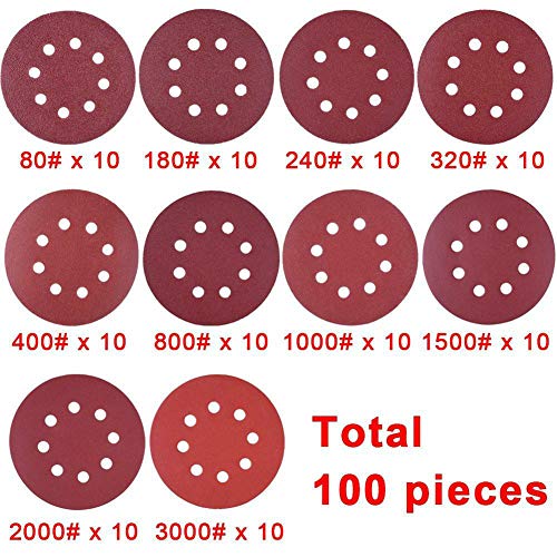 CFTGIW 100pcs Schleifscheiben 5 Zoll 8 Löcher Haken und 80/180/240/320/400/800/1000/1500/2000/3000 (BLACK) von CFTGIW
