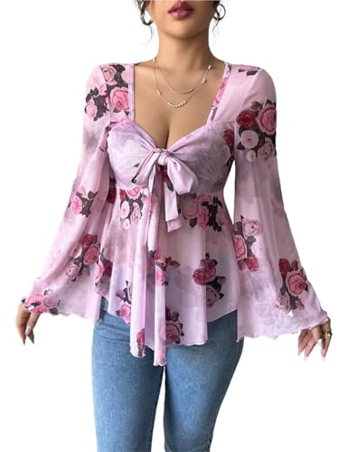 CFWEWW Damen-Oberteile mit Blumenmuster Netzstoff Glockenärmeln Fliege vorne herzförmiger Ausschnitt Rüschensaum Hemden mit Schößchen(Style1,M) von CFWEWW