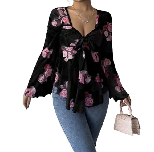 CFWEWW Damen-Oberteile mit Blumenmuster Netzstoff Glockenärmeln Fliege vorne herzförmiger Ausschnitt Rüschensaum Hemden mit Schößchen(Style2,L) von CFWEWW