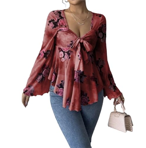CFWEWW Damen-Oberteile mit Blumenmuster Netzstoff Glockenärmeln Fliege vorne herzförmiger Ausschnitt Rüschensaum Hemden mit Schößchen(Style3,L) von CFWEWW