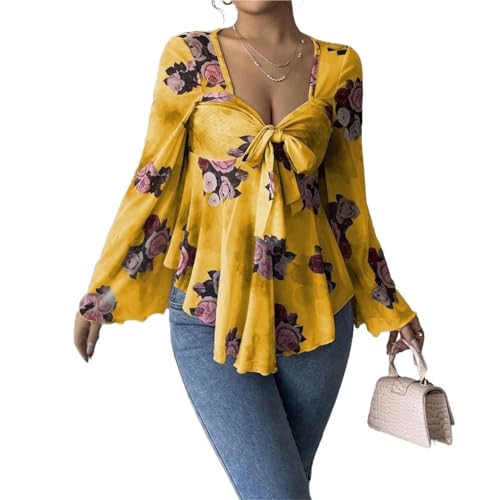 CFWEWW Damen-Oberteile mit Blumenmuster Netzstoff Glockenärmeln Fliege vorne herzförmiger Ausschnitt Rüschensaum Hemden mit Schößchen(Style4,L) von CFWEWW