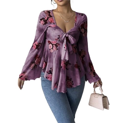 CFWEWW Damen-Oberteile mit Blumenmuster Netzstoff Glockenärmeln Fliege vorne herzförmiger Ausschnitt Rüschensaum Hemden mit Schößchen(Style5,L) von CFWEWW