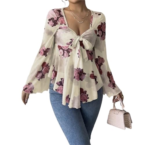 CFWEWW Damen-Oberteile mit Blumenmuster Netzstoff Glockenärmeln Fliege vorne herzförmiger Ausschnitt Rüschensaum Hemden mit Schößchen(Style6,M) von CFWEWW