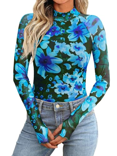 CFWEWW Damen Spitzen-Oberteil mit Langen Ärmeln und Netzstoff Blumenmuster Stehkragen durchsichtig Ausgeh-Top mit Daumenloch Party-Outfits(Style4,L) von CFWEWW