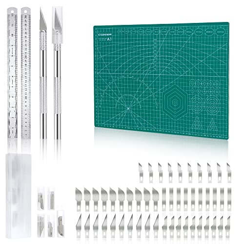 CGBOOM Schneidematte Set, Selbstheilende Bastelunterlage Schneideunterlage Cutting Mat mit 50stk Bastelmesser und Stahllineal für Basteln Zeichenunterlage Bastelskalpell(A3 45X30MM) von CGBOOM