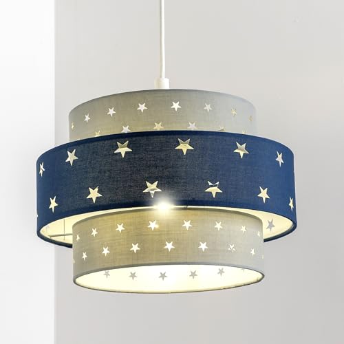 CGC Lighting Kinder-Lampenschirm, Projekte, Sternmuster, einfache Montage, Hängelampenschirm, Kinderzimmer, Spielzimmer, Spielzeugzimmer, Kinderraum (Grau mit blauem Band) von CGC Lighting