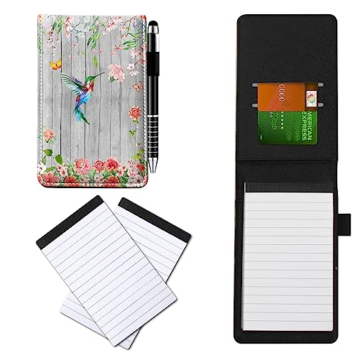 CGFGHHUY Kleine Notizbuchhülle aus PU-Leder, Metall-Kugelschreiber und 2 Stück, 7,6 x 12,7 cm, Notizblöcke, Nachfüllpackungen, Kolibri-Blumenmuster, Notizbücher für Meetings, tägliche Aufzeichnungen von CGFGHHUY