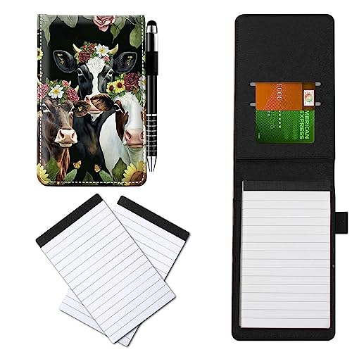CGFGHHUY Notizblöcke aus PU-Leder, klein, mit Metall-Kugelschreiber, 2 Stück, 7,6 x 12,7 cm, Kuh-Blumenmuster, Notizbücher für Meetings, tägliche Aufzeichnungen, Notizen von CGFGHHUY