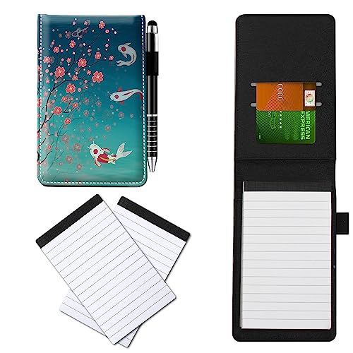 CGFGHHUY Notizblöcke aus PU-Leder, klein, mit Metall-Kugelschreiber und 2 Stück, 7,6 x 12,7 cm, Kirschblüten und Fischmuster, Notizbücher für Meetings, tägliche Aufzeichnungen, Notizen von CGFGHHUY