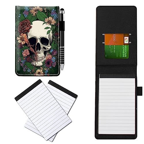 CGFGHHUY Notizblöcke aus PU-Leder, klein, mit Metall-Kugelschreiber und 2 Stück, 7,6 x 12,7 cm, Notizblöcke, Blumenschädel-Muster, Notizbücher für Meetings, tägliche Aufzeichnungen, Notizen von CGFGHHUY