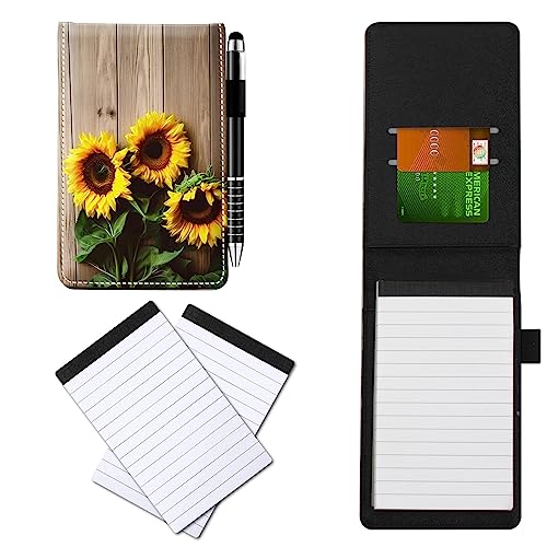 CGFGHHUY Notizblöcke aus PU-Leder, klein, mit Metall-Kugelschreiber und 2 Stück, 7,6 x 12,7 cm, Notizblöcke, Holz mit gelbem Sonnenblumen-Muster, Notizbücher für Meetings, tägliche Aufzeichnungen von CGFGHHUY