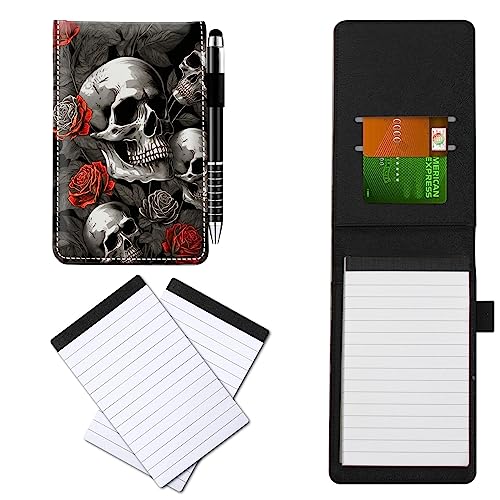 CGFGHHUY Notizblöcke aus PU-Leder, klein, mit Metall-Kugelschreiber und 2 Stück, 7,6 x 12,7 cm, rote Rosen, Totenkopf-Muster, Notizbücher für Meetings, tägliche Aufzeichnungen, Notizen von CGFGHHUY