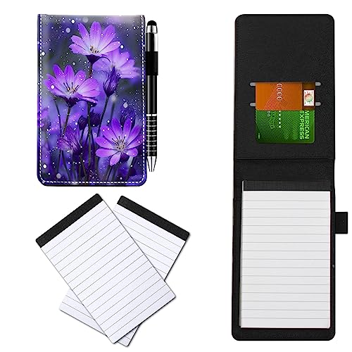 CGFGHHUY Notizblöcke aus PU-Leder, klein, mit Metall-Kugelschreiber und 2 Stück, 7,6 x 12,7 cm, violettes Blumenmuster, Notizbücher für Meetings, tägliche Aufzeichnungen, Notizen von CGFGHHUY