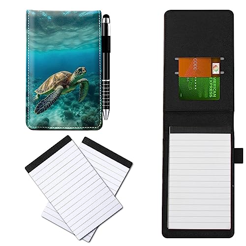 CGFGHHUY Notizblöcke aus PU-Leder, kleines Taschenformat, Metall-Kugelschreiber und 2 Stück, 7,6 x 12,7 cm, grüne Schildkrötenmuster, Notizbücher für Meetings, tägliche Aufzeichnungen, Notizen von CGFGHHUY