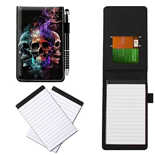 CGFGHHUY Notizbuch aus PU-Leder, klein, mit Metall-Kugelschreiber und 2 Notizblöcken, 7,6 x 12,7 cm, Motiv: Feuereis, Totenkopf-Muster, Notizbücher für Meetings, tägliche Aufzeichnungen, Notizen von CGFGHHUY