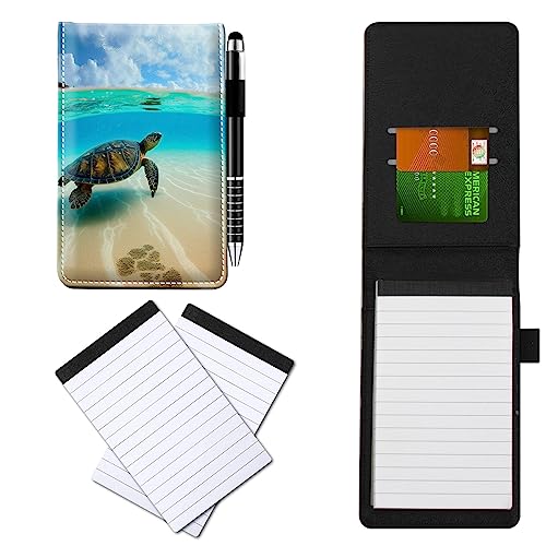 CGFGHHUY Notizbuch aus PU-Leder, klein, mit Metall-Kugelschreiber und 2 Notizblöcken, 7,6 x 12,7 cm, Schildkröte im Meer, für Meetings, tägliche Aufzeichnungen, Notizen von CGFGHHUY