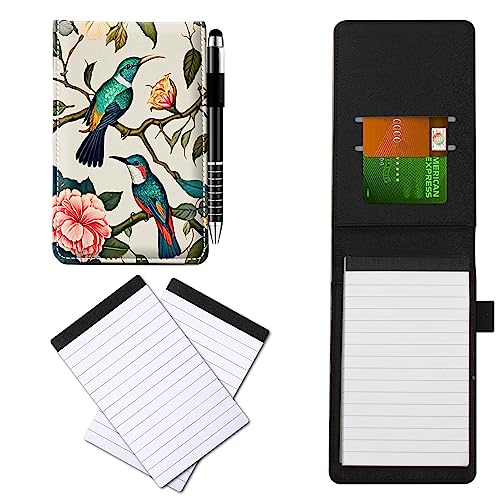 CGFGHHUY Notizbuch aus PU-Leder, klein, mit Metall-Kugelschreiber und 2 Notizblöcken, 7,6 x 12,7 cm, mit Vogel-Blumen-Muster, Notizbücher für Meetings, tägliche Aufzeichnungen, Notizen von CGFGHHUY