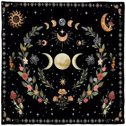 Altar -Stoffmond -Phase Blume Astrologie Tarot Stoff Flanell Wahrscheinliche Tarot ideal zum Lesen 29.53x29.53 Zoll Square Karte ideal für Hexereizubehör von CGTQROVR