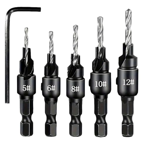 Countersink Drill Bit Set (5pcs) 5 Größe Countersink -Bohrer mit 1/4 Schaft- und Schraubenschlüsselersatz -Ersatz mit hoher Kohlenstoffstahl -Holzbearbeitungswerkzeug von CGTQROVR