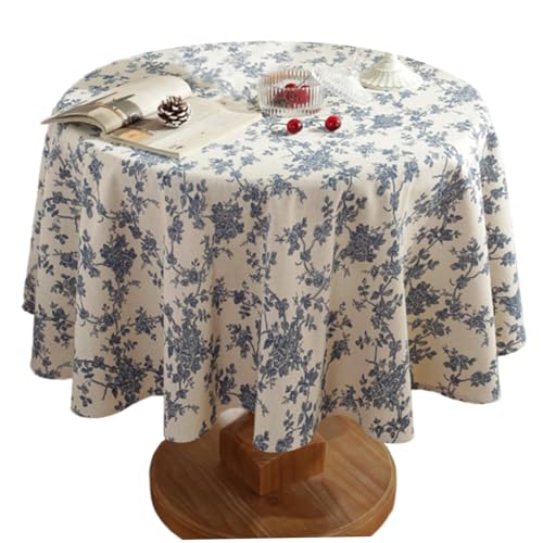 Runde Tischdecke 59 Zoll, Baumwoll Vintage Blau Blumen -Tischdecke Waschbarer Tuch von CGTQROVR