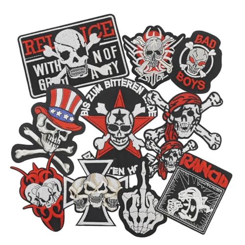 CGVG 11 Stück Totenkopf Flicken zum Aufbügeln Biker Patches zum Aufbügeln Metallica Aufnäher zum Aufbügeln Rocker Pirat Schädel Applikationen zum Aufnähen für Kleidung Jacken Jeans Taschen Rucksäcke von CGVG