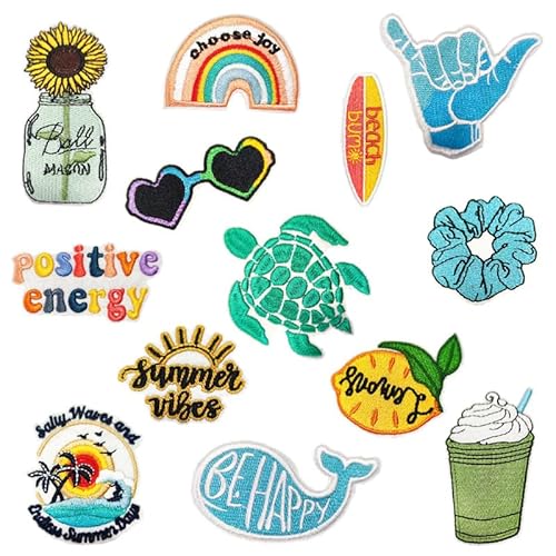 CGVG 13 Pcs Sommer Strand Patches zum Aufbügeln Retro Vintage Bügelbilder für Textilien Hawaii Bestickte Patches Hippie Aufnäher zum Aufbügeln für Kleidung Jacken Hemden Jeans Taschen Hüte Rucksäcke von CGVG