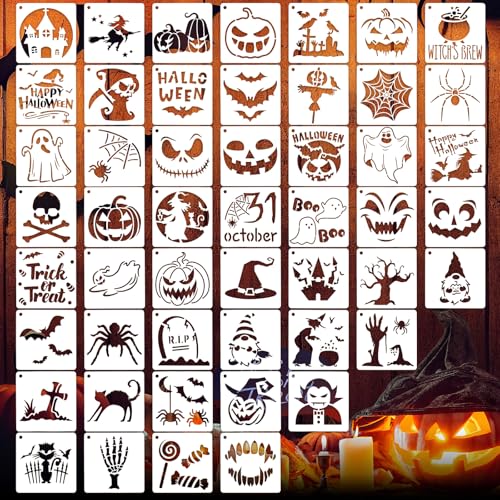 Halloween-Schablonen, wiederverwendbar, Geisterfledermaus, Kürbis, Schablonen zum Malen auf Holz, Felsen, Leinwand, Stoff, Glas, Keramik, 10,2 x 10,2 cm, 50 Stück Halloween-Schablonen, wiederverwendbar, Geisterfledermaus, Kürbis, Schablonen zum Malen auf Holz, Felsen, Leinwand, Stoff, Glas, Keramik, 10,2 x 10,2 cm, 50 Stück von CH HAICHENG