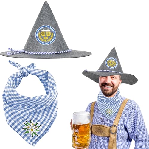 CHALA Oktoberfest Filzhut Set Bayern Trachtenhut mit Quadrat Schal Premium Trachtenhut Bayerischer Seppelhut Oktoberfest Filz Hut Bayerisch Kostüm Zubehör Oktoberfest Geschenk für Bier Festival von CHALA