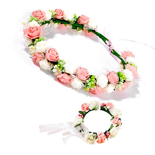 ＣＨＡＭＥＥＮ Blumenkranz Haare Blumenkrone Braut Blumenstirnband Künstliche Blumen Krone Braut Kopfstück Braut Kopfschmuck mit Armband für Party Hochzeit Strand, Weiß Rosa von ＣＨＡＭＥＥＮ