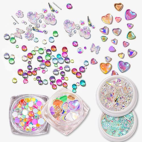 CHANGAR Kristallglas Meerjungfrau Strass 3D Schmetterling Blume Nagel Charms Liebe Herz Kristall Gemisch Edelsteine Nagel Strass für Nail Art Dekoration & DIY Handwerk Design (4 Boxen) von CHANGAR